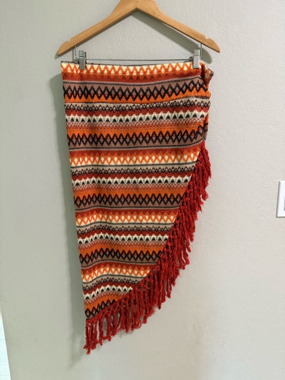 Shein Curve 2XL Boho Fringe Wrap Skirt Orange Aztec Knit Midi